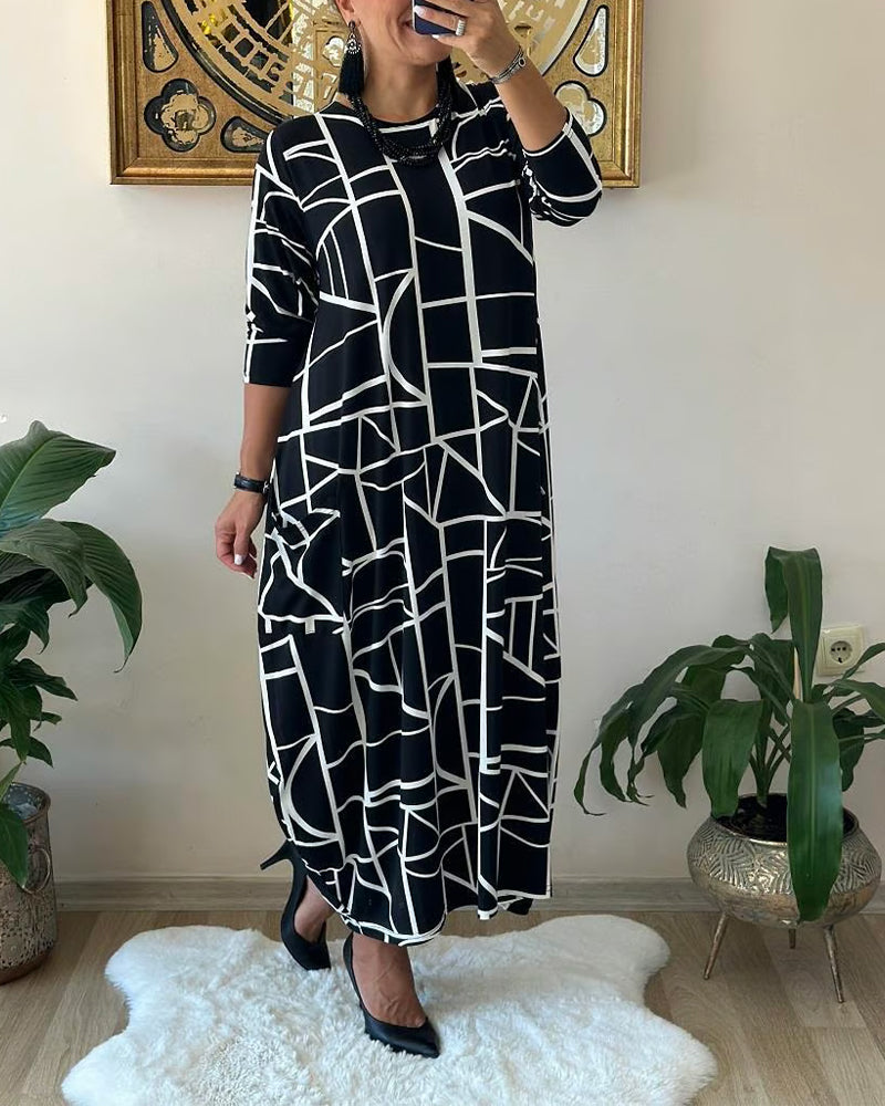 Loose Shift Dress with Pocket and Round Neck