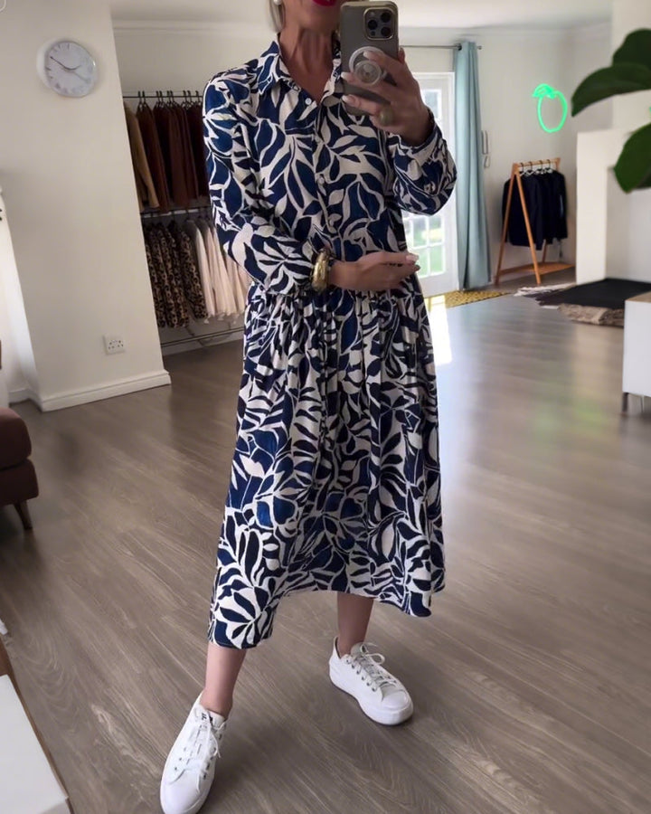 Long-Sleeved Leaf Print Dress