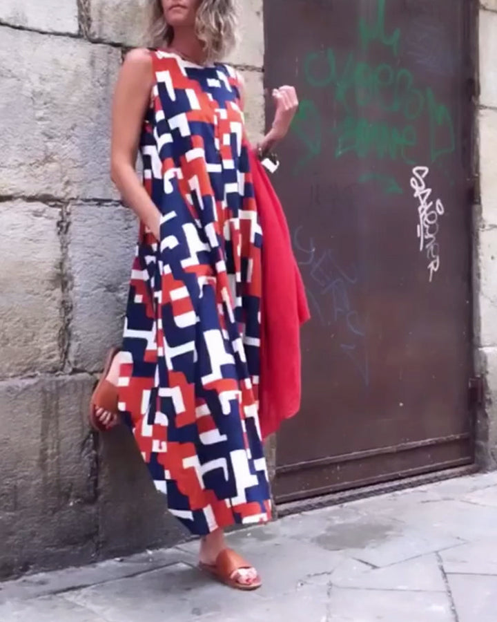 Geometric print sleeveless pocket dress