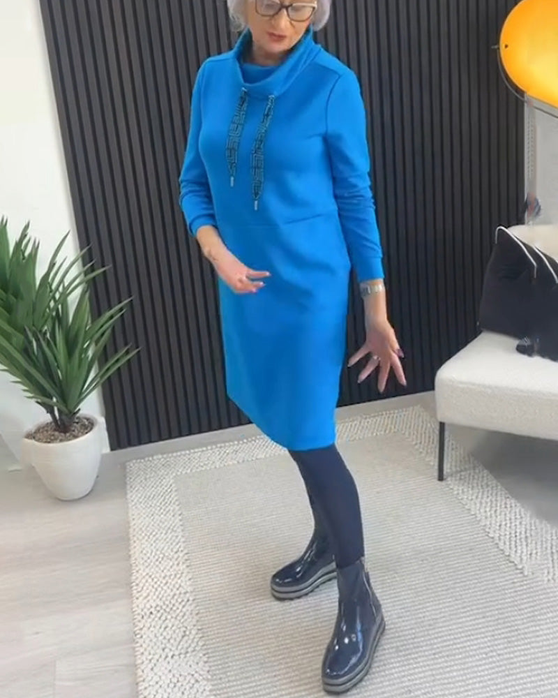 Scarf collar solid color pocket dress