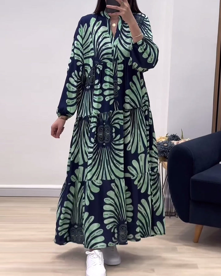 Stand collar long sleeve patchwork printed long dress