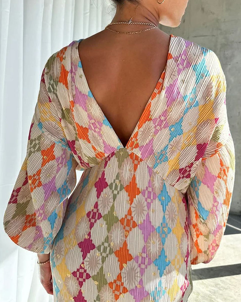 V-neck lantern sleeves geometric print elegant dress