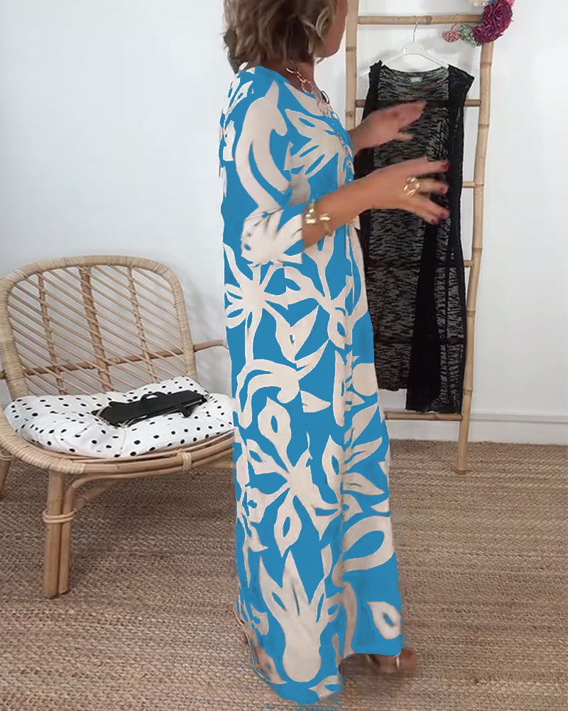 Round Neck Long Sleeve Printed Dress