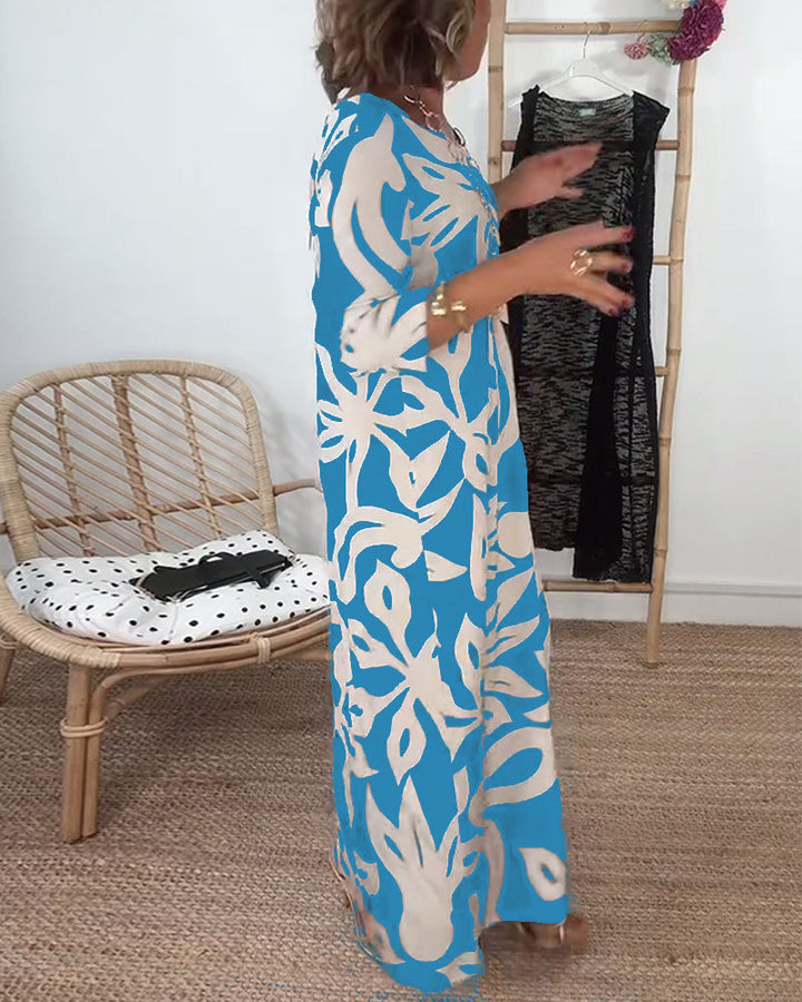 Round Neck Long Sleeve Printed Dress