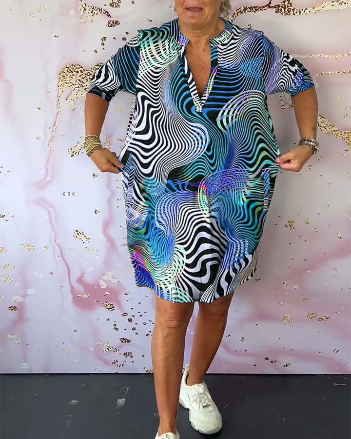 Colorful printed V-neck half-sleeve pocket dress