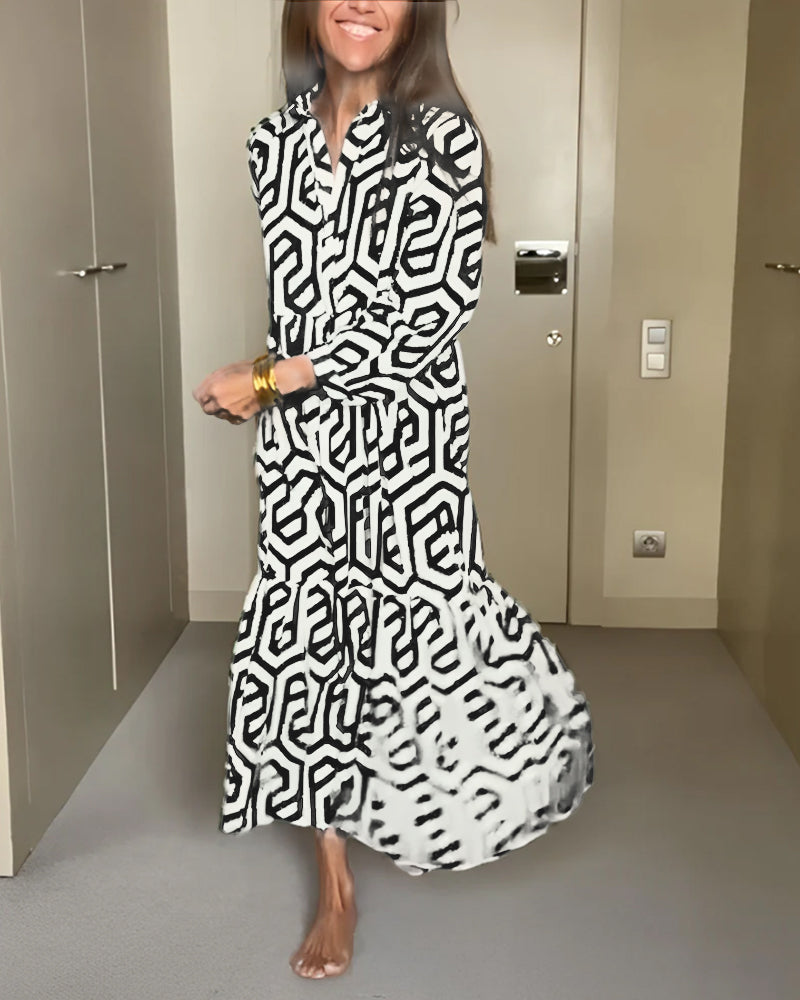 Geometric Print Nine Points Sleeve Dress