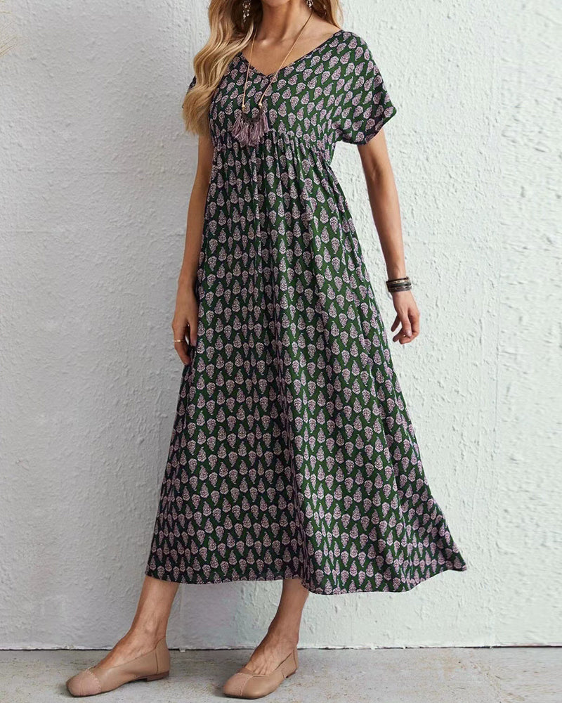 V neck short sleeve long dress