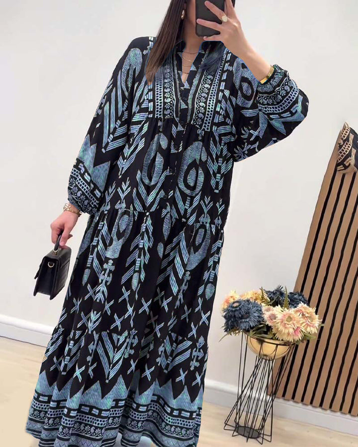 V-neck long-sleeved printed dress