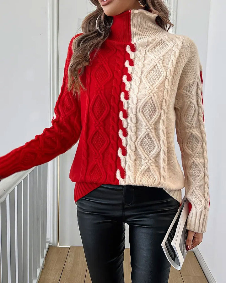 Turtleneck Contrast Cable Sweater