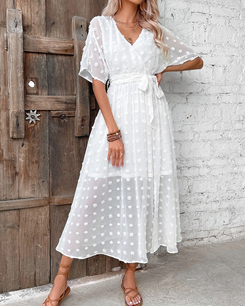 Solid color v neck elegant dress