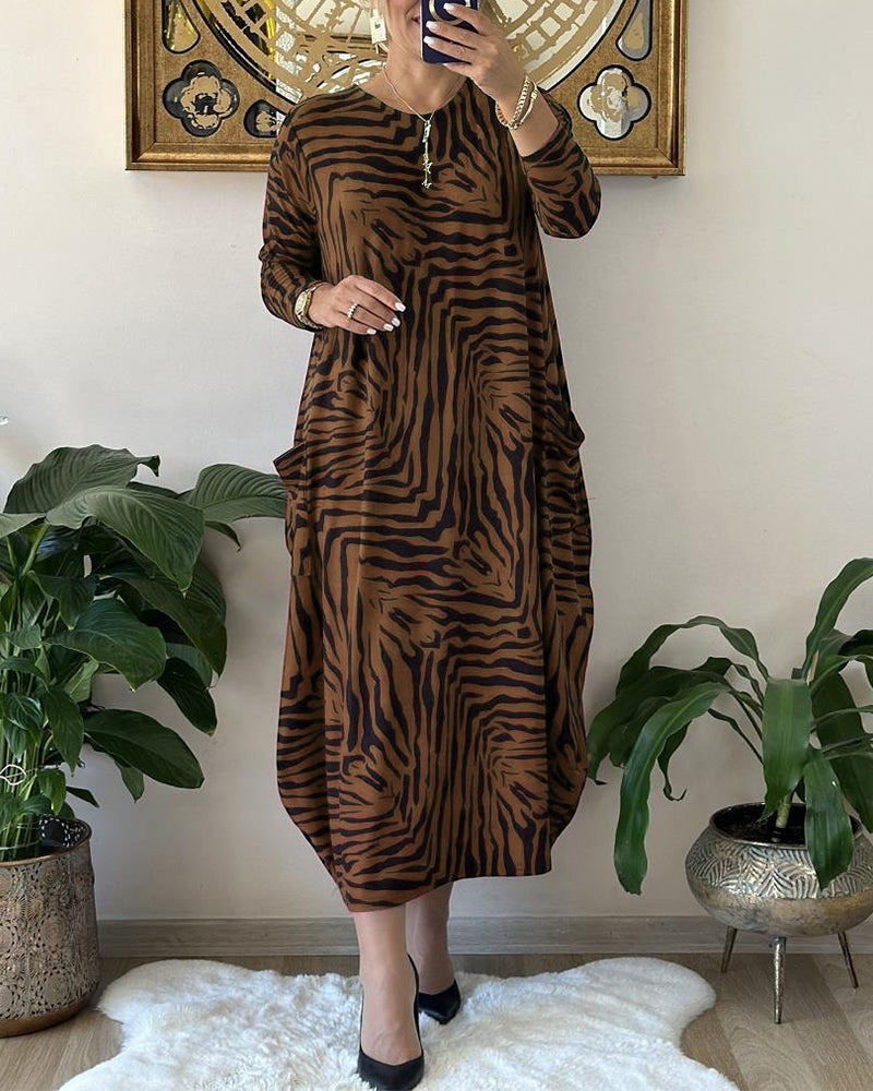 Fashion Loose Shift Dress with Print and Pocket
