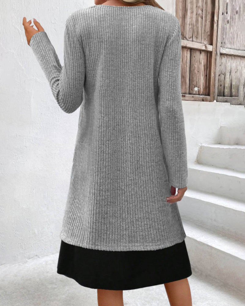 Patchwork rib long sleeve dress