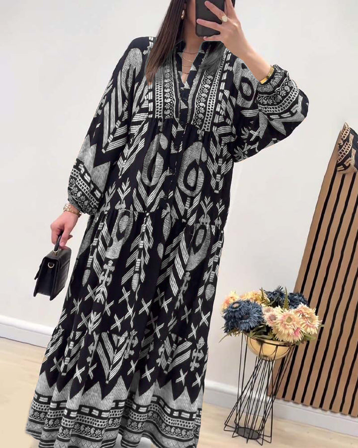 V-neck long-sleeved printed dress