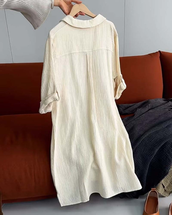 Lapel Solid Color Simple Long Sleeve Dress