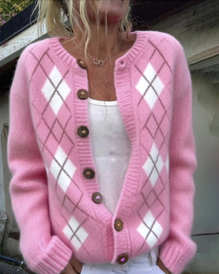 Button - up Diamond Plaid Cardigan