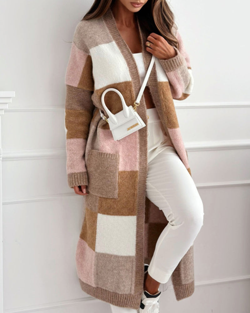 Casual contrast plaid pocket loose cardigan
