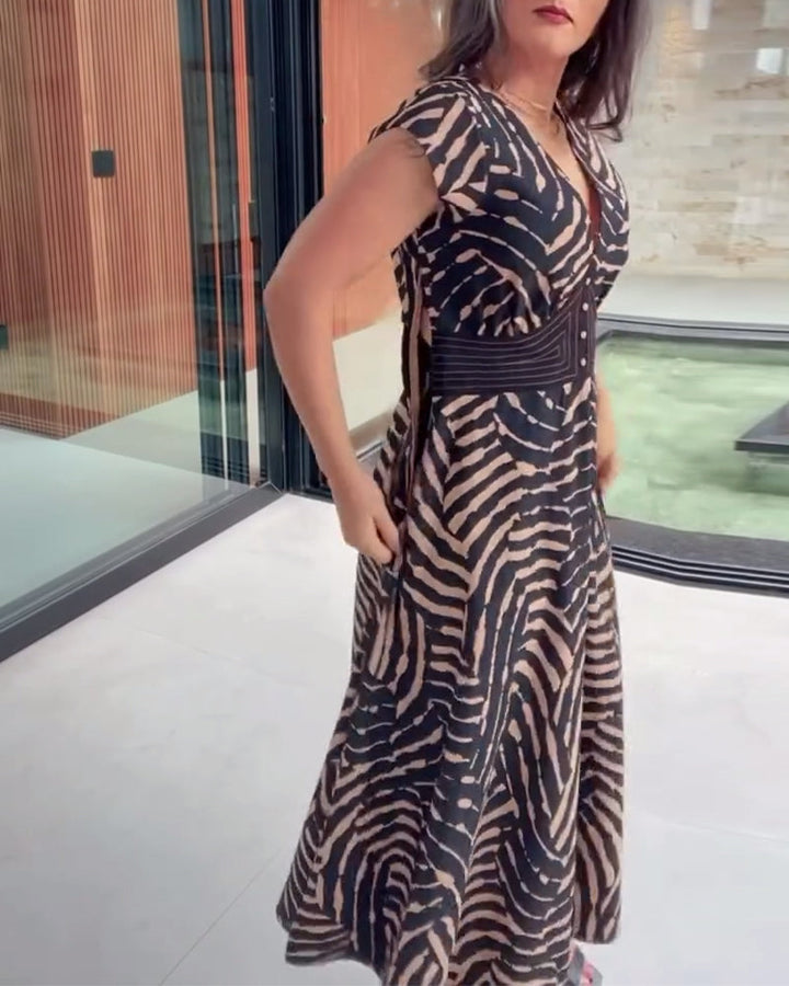 V-Neck Printed Dress With Lotus Leaf Sleeves