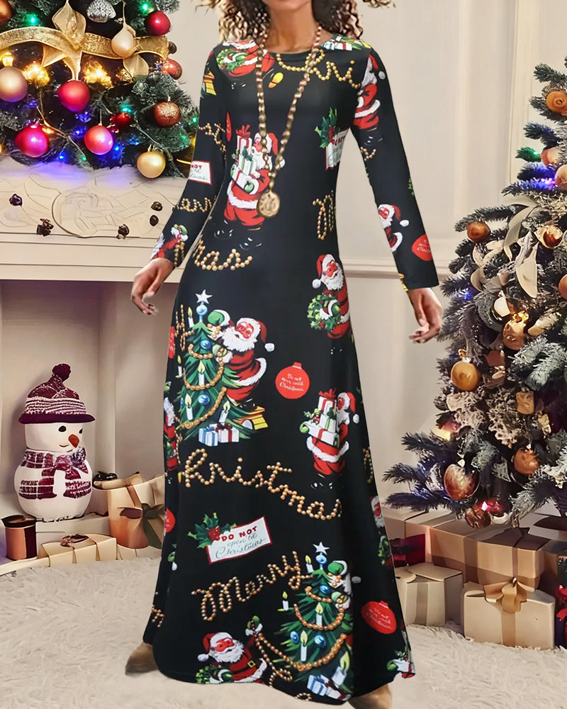 Slim Christmas Printed Long Sleeve Dress