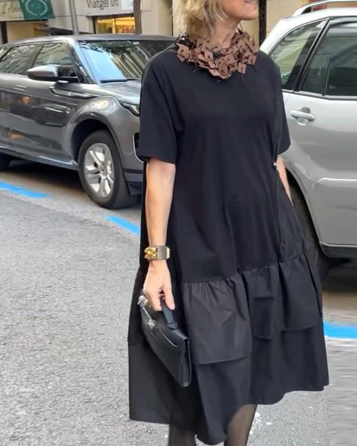 Round Neck Short Sleeve Patchwork Loose Dress