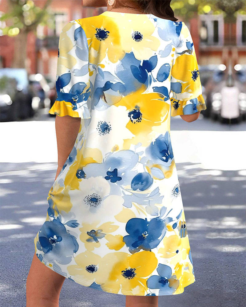V-Neck Printed Casual Dress