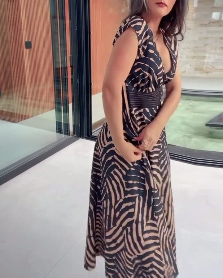 V-Neck Printed Dress With Lotus Leaf Sleeves