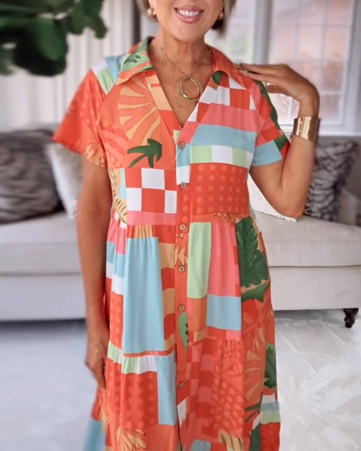 V-Neck Short-Sleeved Printed Casual Dress