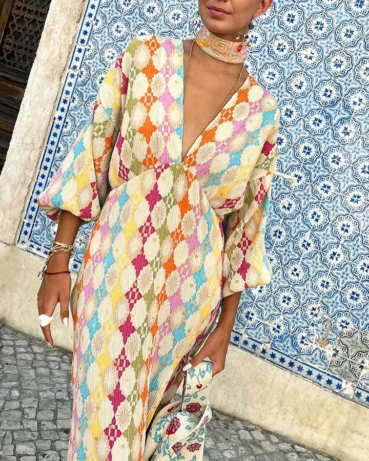 V-neck lantern sleeves geometric print elegant dress