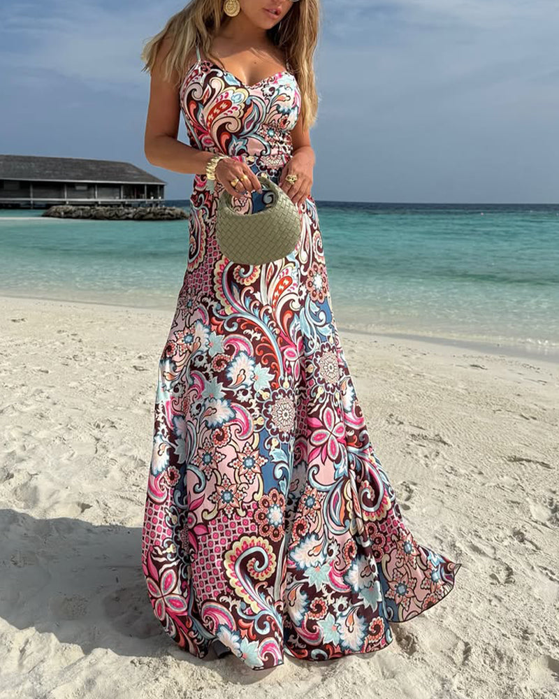 Beach Vacation Printed Sling Dress