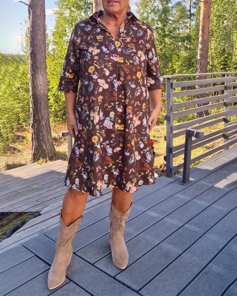 Floral Lapel Printed Shift Dress