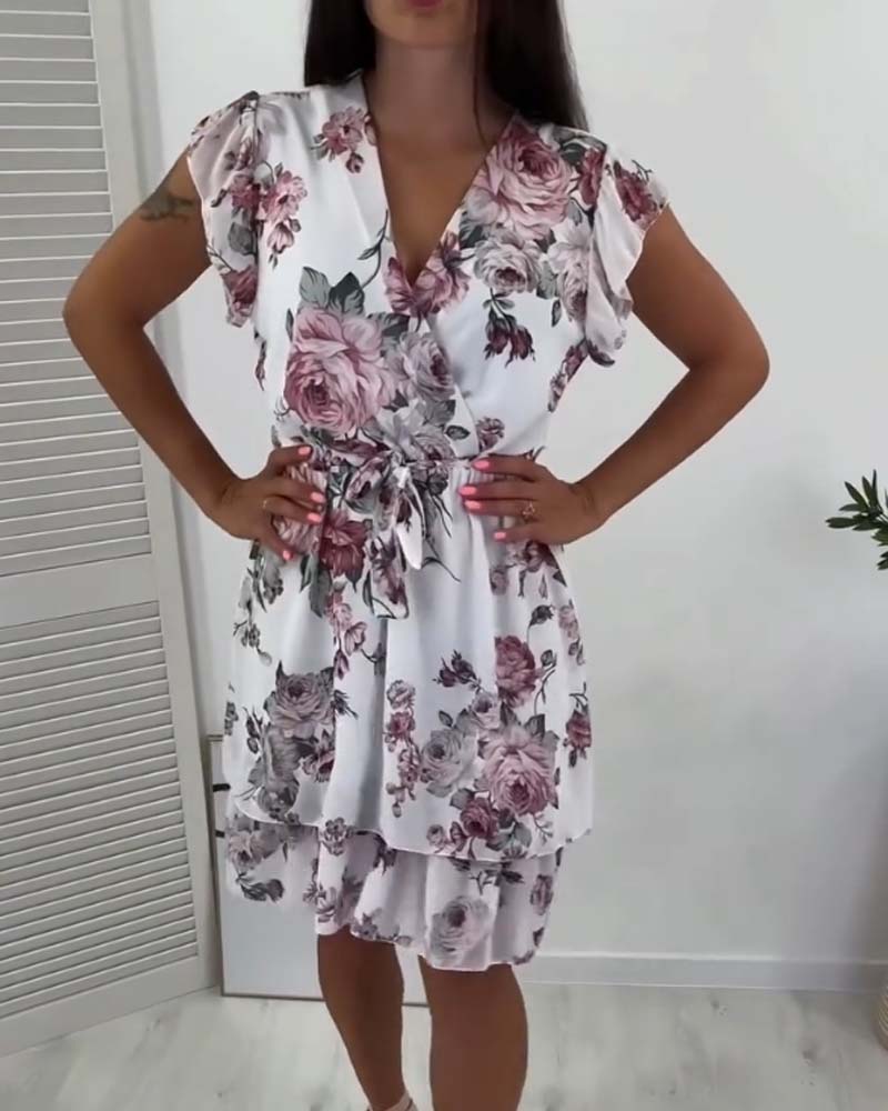Short Sleeve Rose Printed Dress