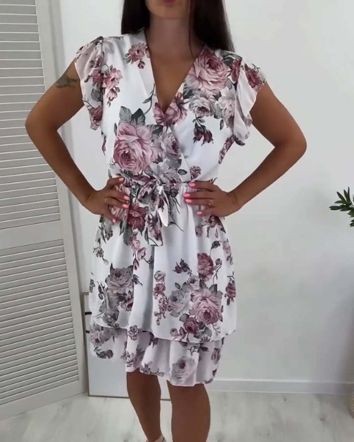 Short Sleeve Rose Printed Dress