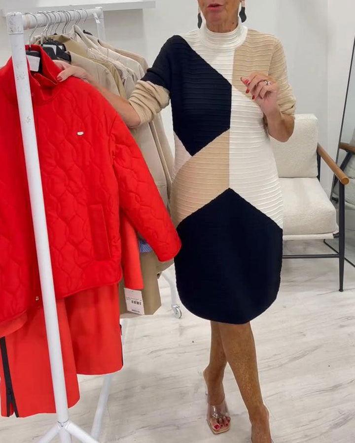 High-Neck Color-Block Sweater Dress