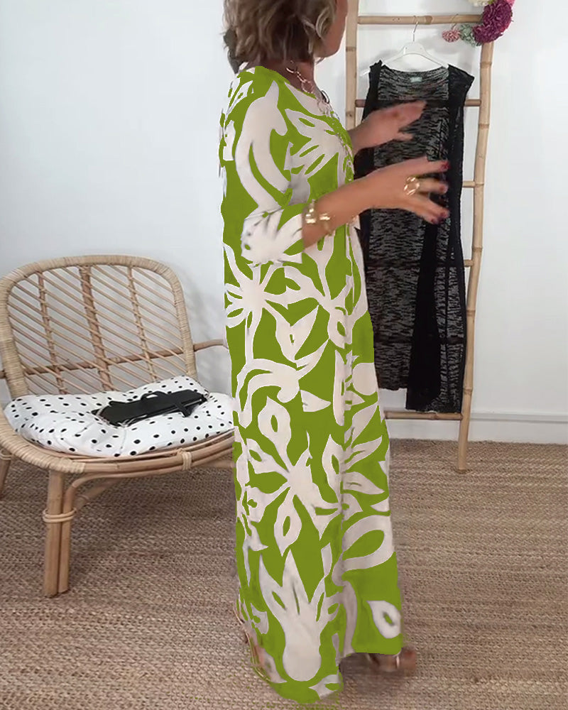 Round Neck Long Sleeve Printed Dress