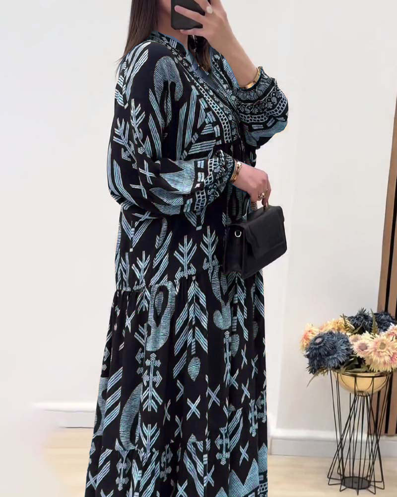 V-neck long-sleeved printed dress