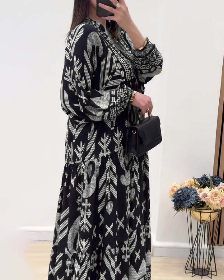V-neck long-sleeved printed dress