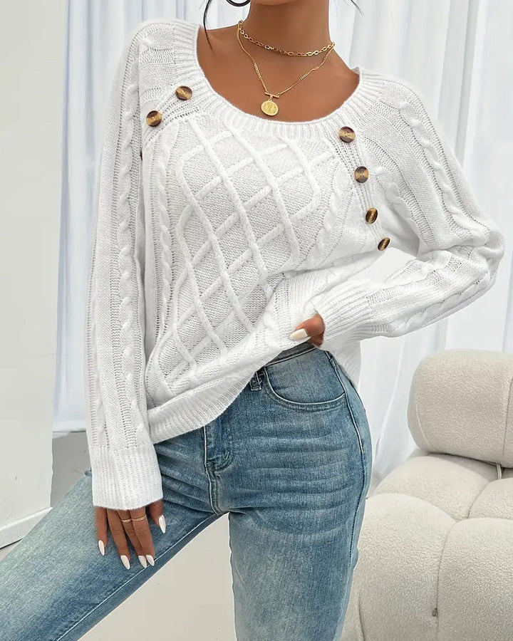 Solid Raglan Sleeve Buckle Cable Knit Jumper