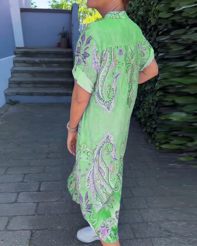 V-neck fold sleeve printed dress