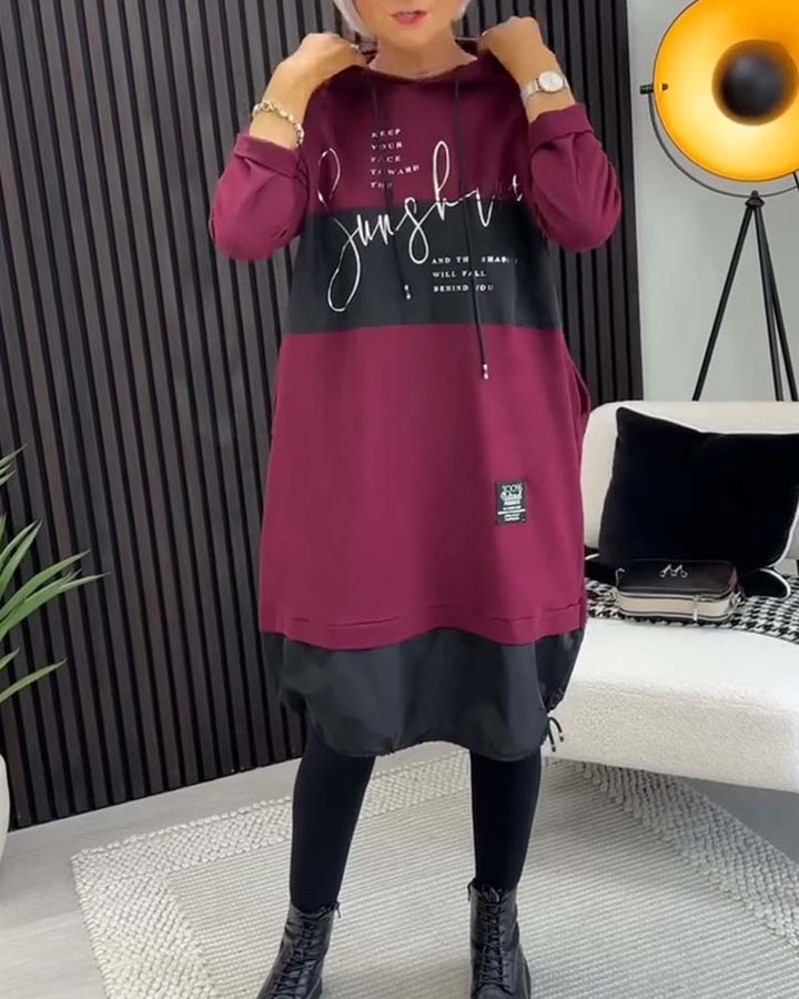Casual color block letter print pocket hooded dress