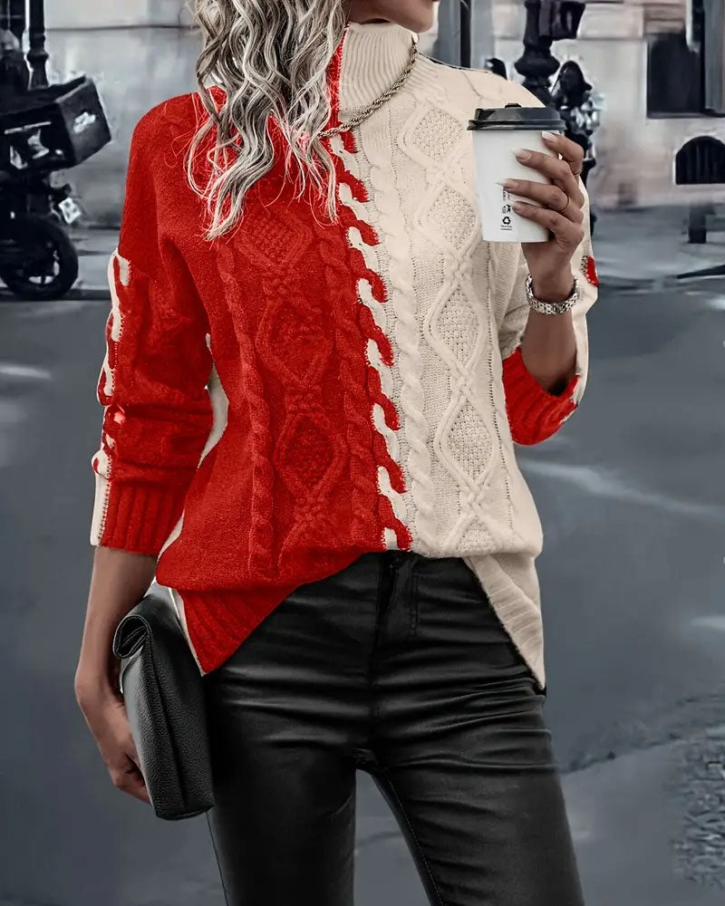 Turtleneck Contrast Cable Sweater