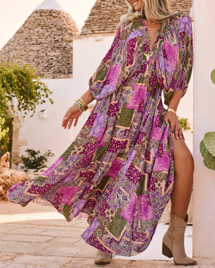 Boho Vacation V Neck Lantern Sleeve Dress