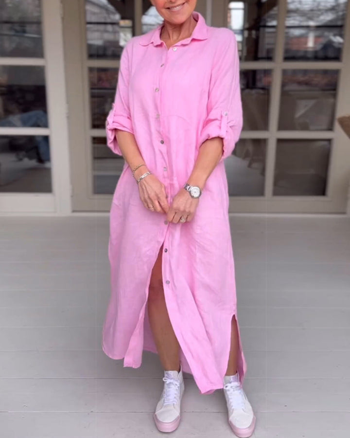Solid color button lapel casual dress
