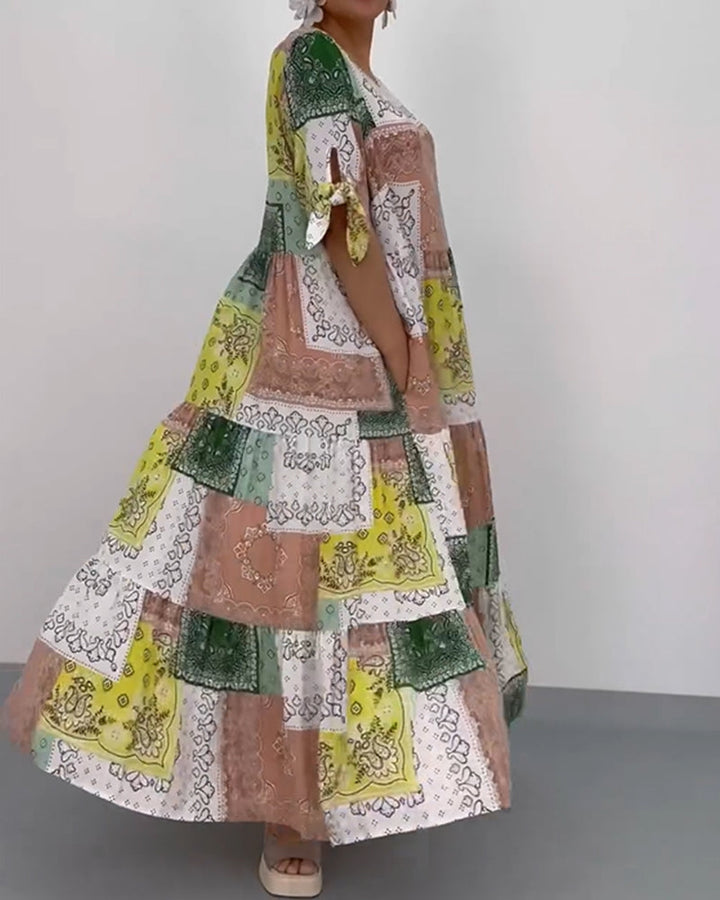 Loose round neck square print long dress