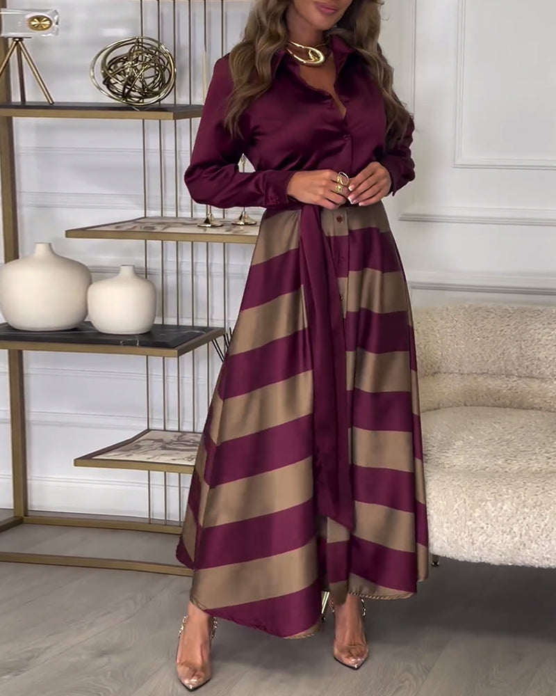 Elegant striped printed lapel strap dress
