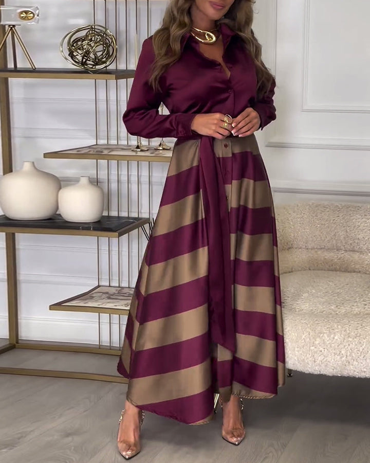 Elegant striped printed lapel strap dress