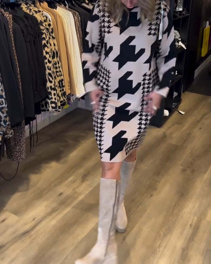 Houndstooth long sleeve dress
