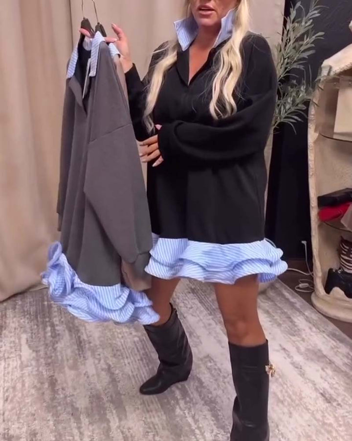 Lapel Patchwork Ruffle Dress