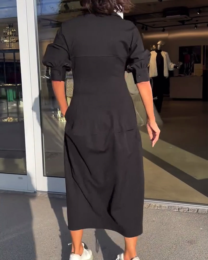 Lapel solid color casual dress