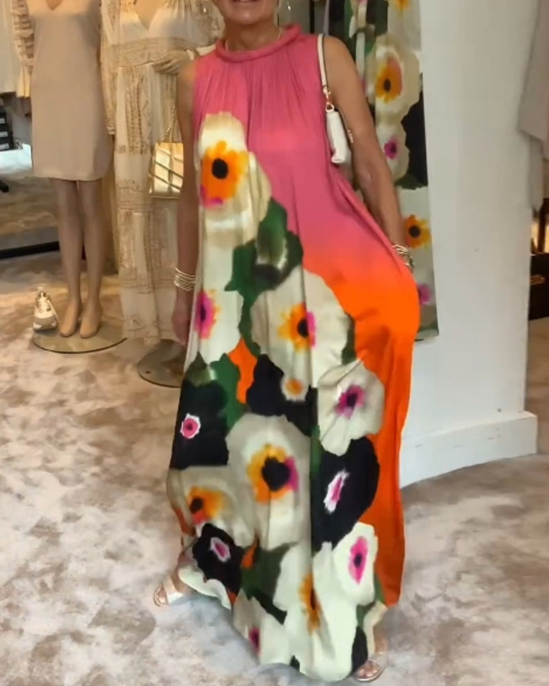 Sleeveless floral print casual long dress