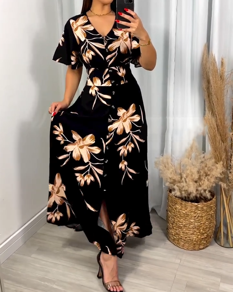 V-Neck Floral Print Waist Dress