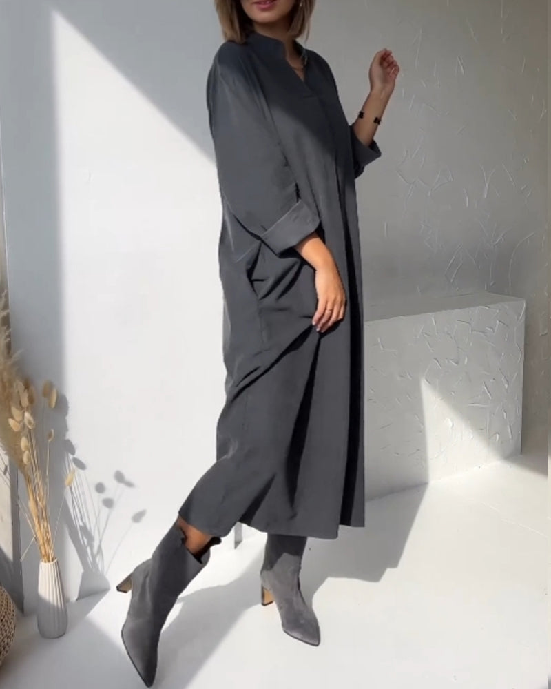 V-neck solid color pocket dress